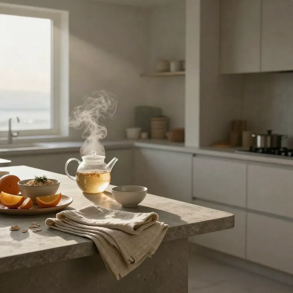 Misty morning wellness kitchen with oats, herbs, steaming tea, linen and citrus.