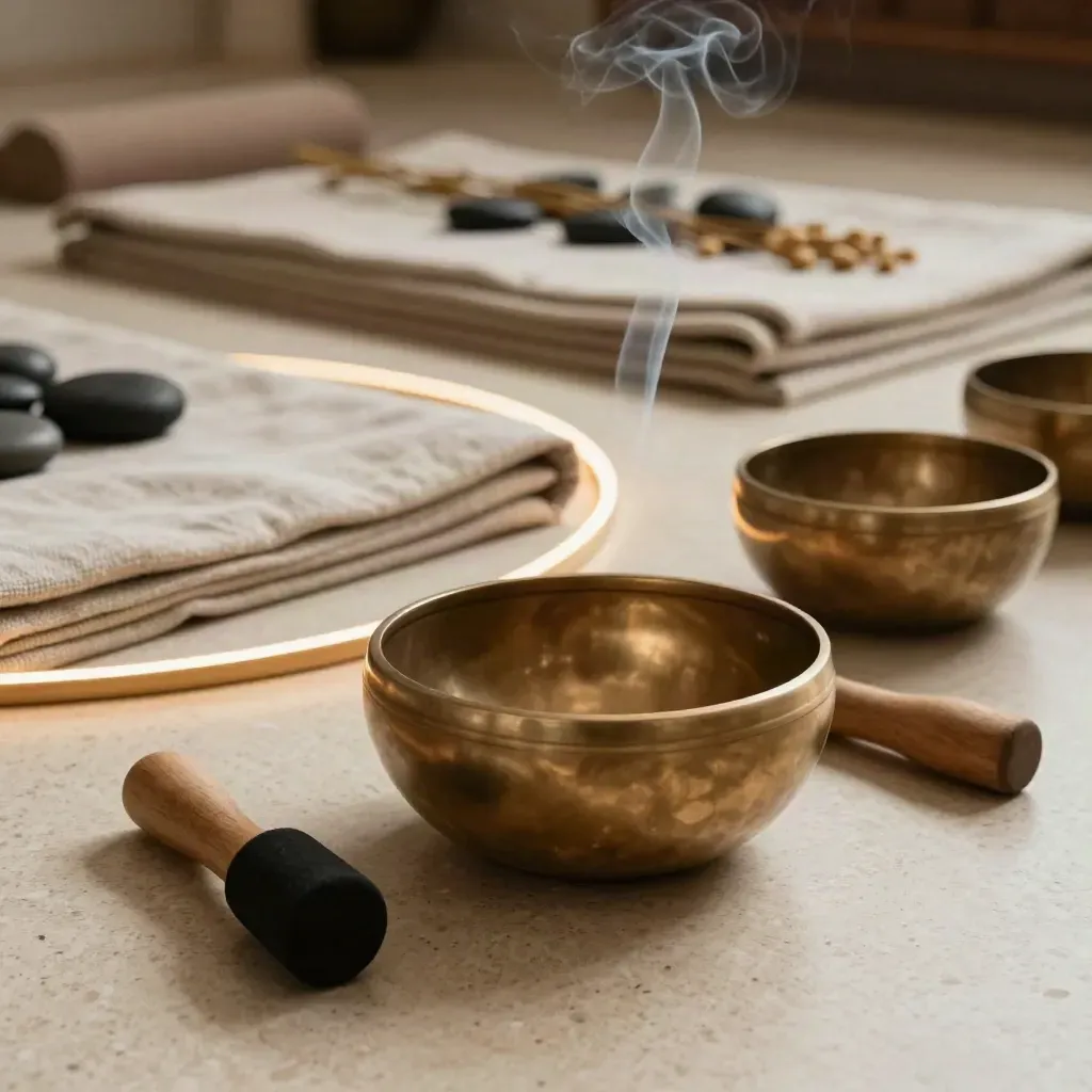 Brass singing bowl with striker, linen mats, stones and incense smoke in a quiet workshop