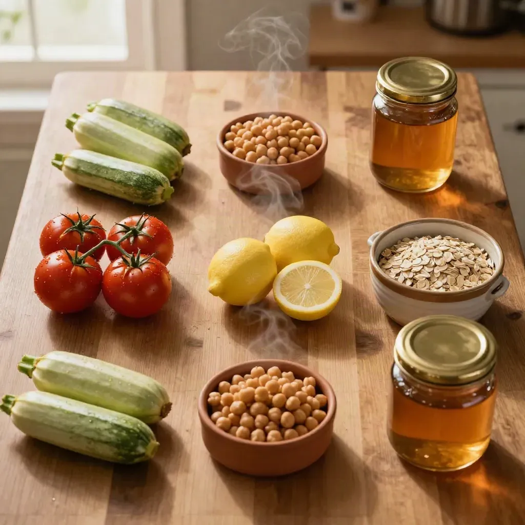 Overhead butcher-block meal plan with courgettes, tomatoes, lemons, chickpeas, herbs, oats and jars.