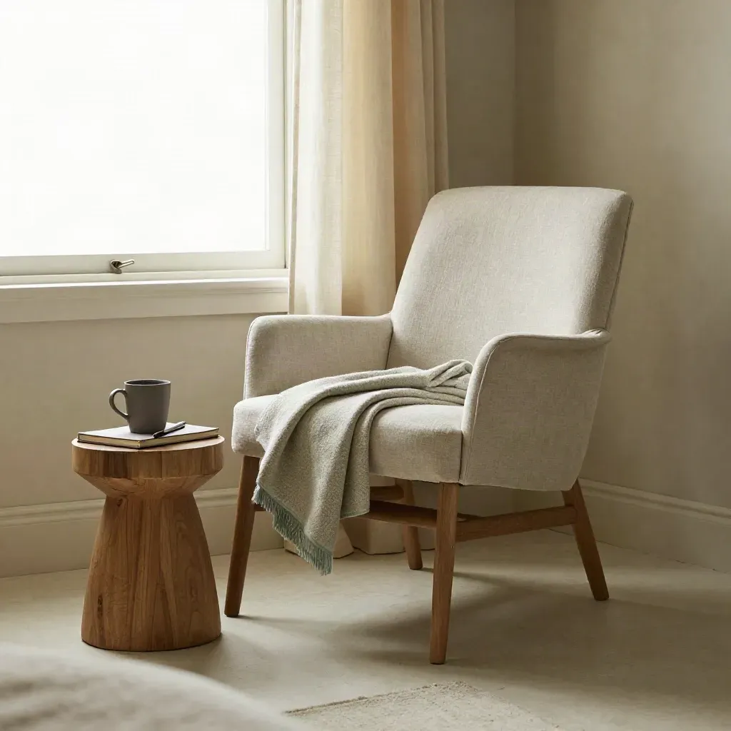 Quiet wellness corner with linen chair, mug, folded throw and closed notebook by a bright window.