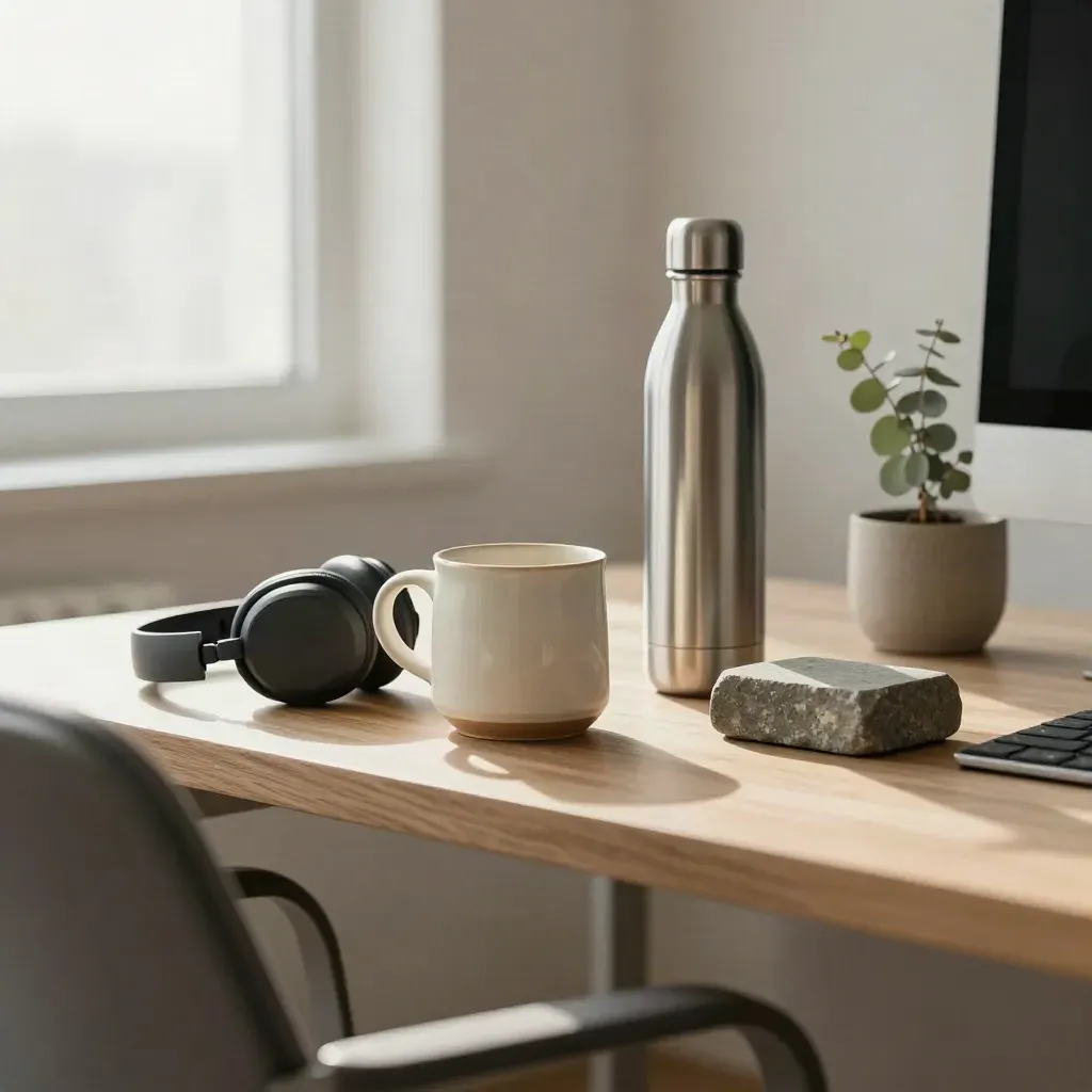 Quiet office reset corner with mug, bottle, headphones case, paperweight and small plant beside an empty chair.