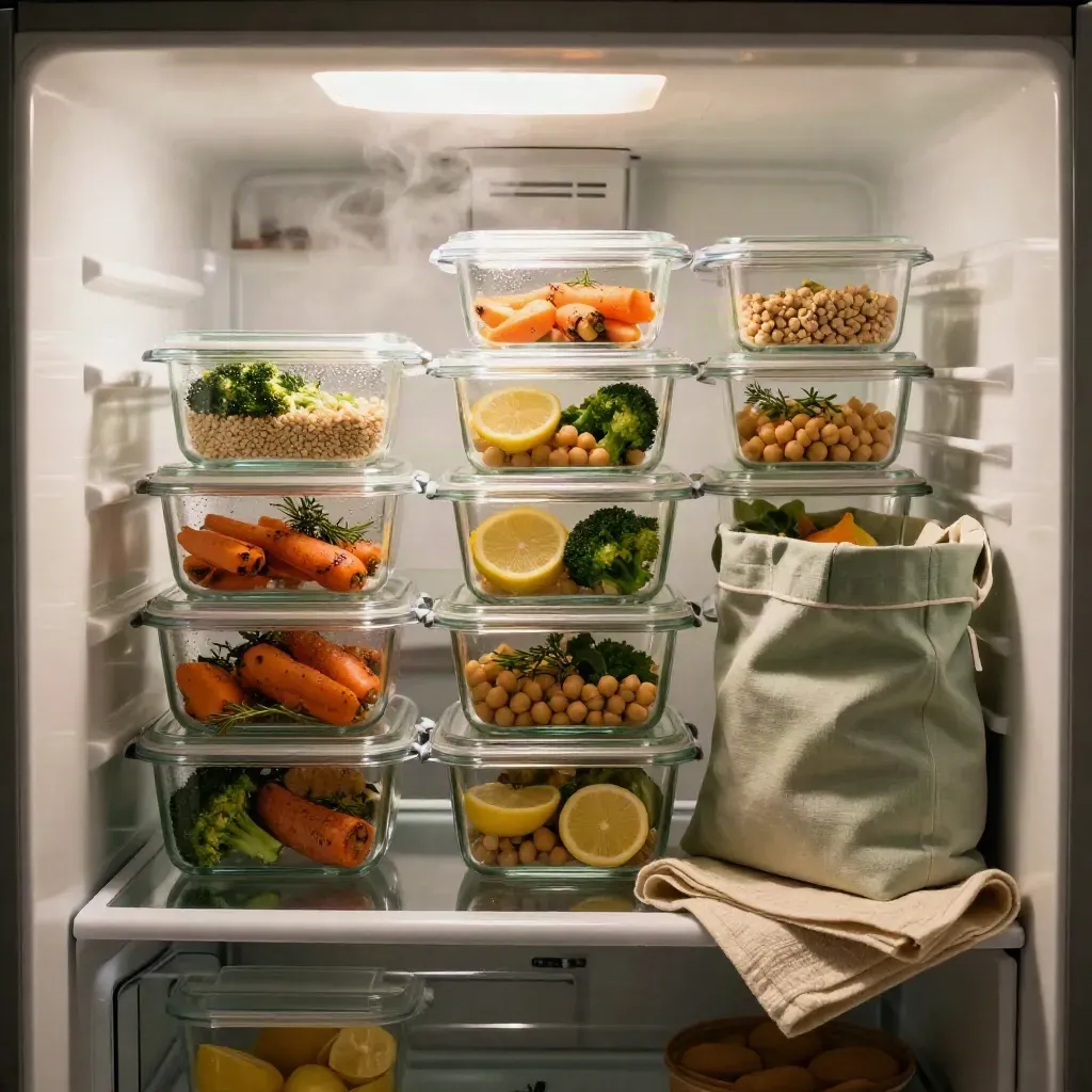Fridge shelf of grain bowls, roasted vegetables, herbs, glass containers and a sage market bag.