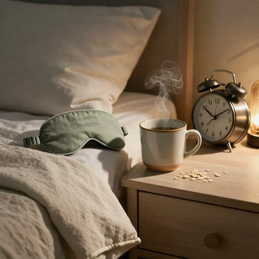 Bedside sleep ritual with chamomile mug, linen mask, folded throw, and turned alarm clock.