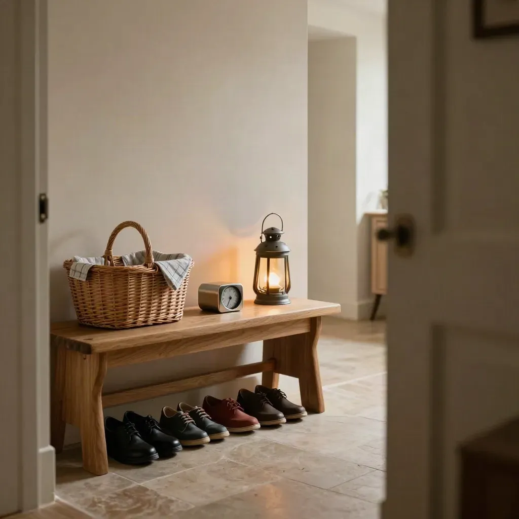 Entryway routine station with baskets, shoes, timer and lantern in soft afternoon light