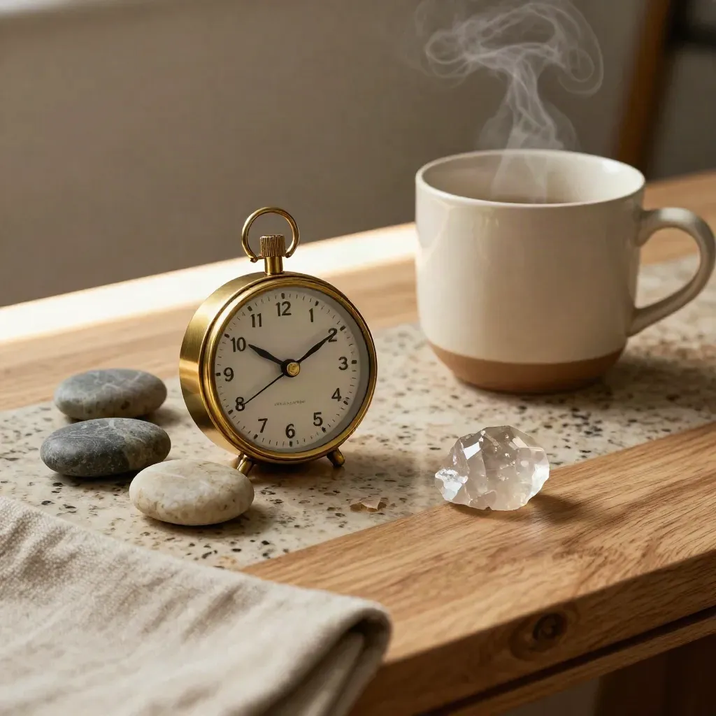 Brass timer, stones, steaming mug and quartz on oak in a wellness coaching still life