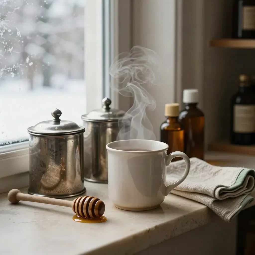 Steaming herbal tea still life with amber bottles, canisters, honey dipper, and wool cloth.