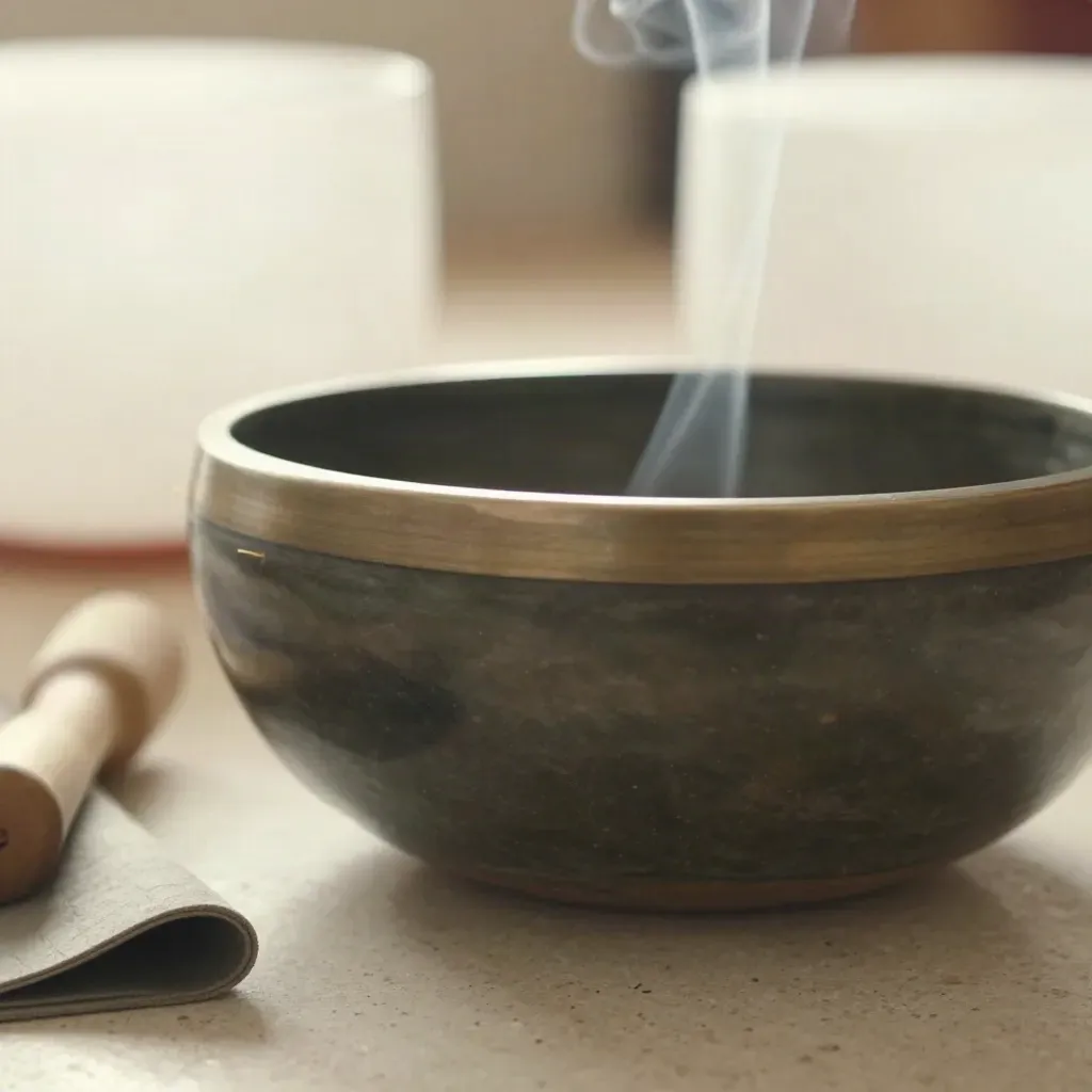 Macro of a singing bowl, striker, incense holder and smoke beside a folded mat.