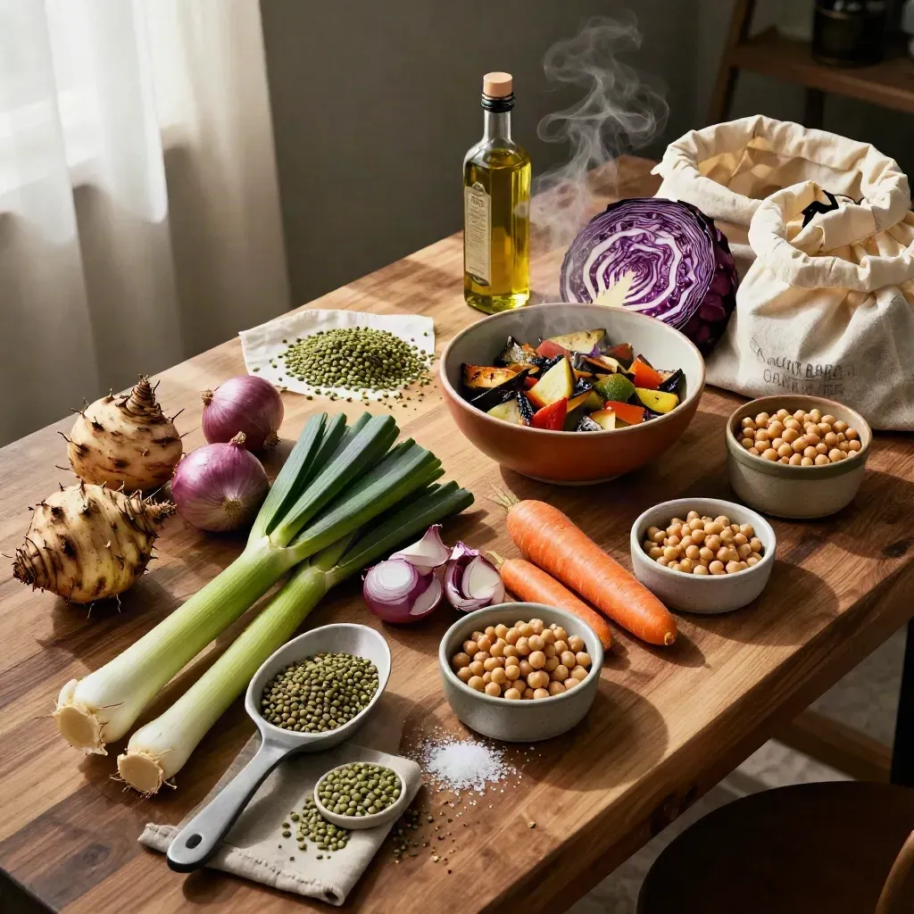 Overhead meal-planning still life with winter vegetables, legumes, olive oil and linen bags on butcher block.
