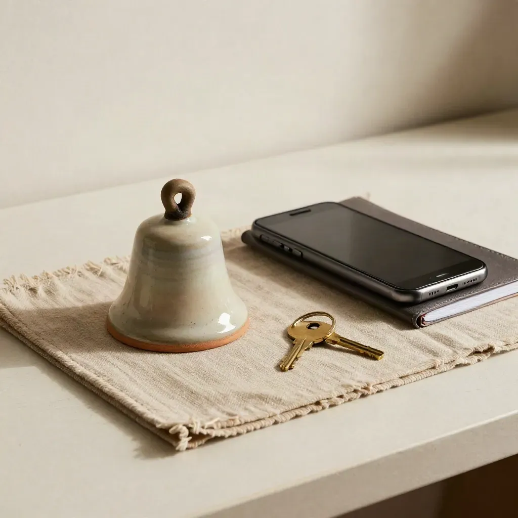 Close-up of a ceramic bell, face-down phone, notebook, and brass key ring on wool.