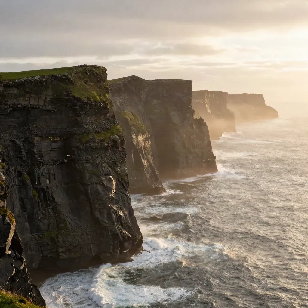 Cliffs of Moher above misty Atlantic surf at golden dawn, open sea below for copy.