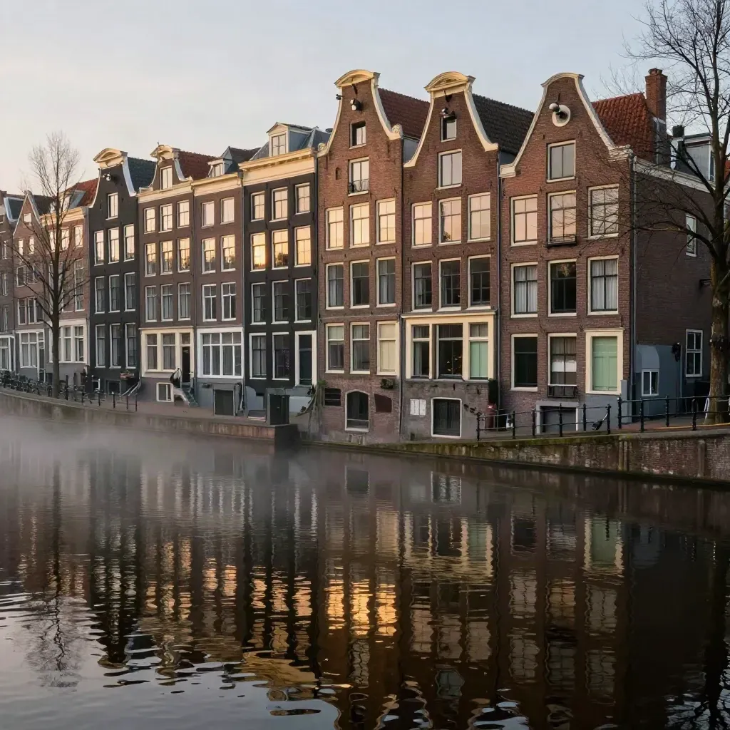 Misty Amsterdam canal houses glowing at sunrise over calm reflective water
