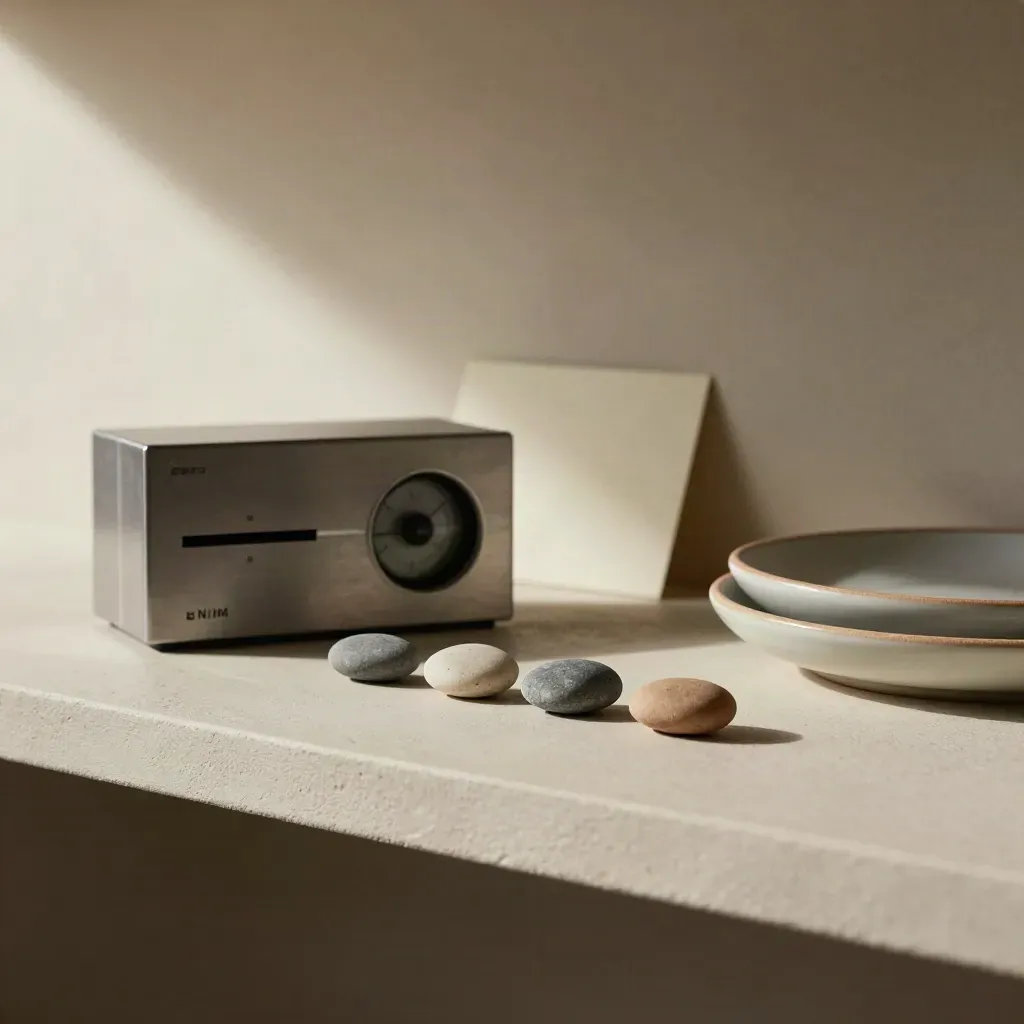 Analog timer, four pebble markers, and stacked ceramic trays on a shelf.