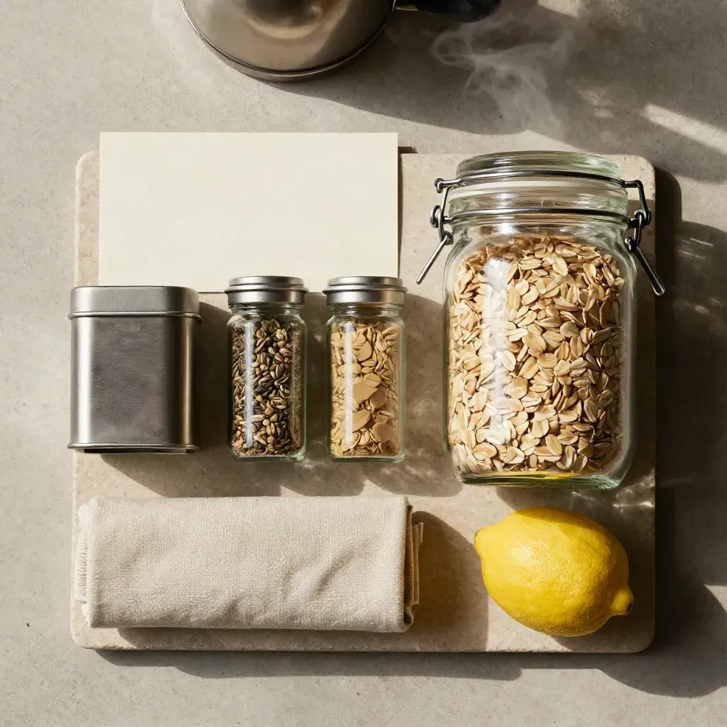 Top-down wellness prep flatlay with grain jars, tea tin, citrus, linen wrap, and faint steam.