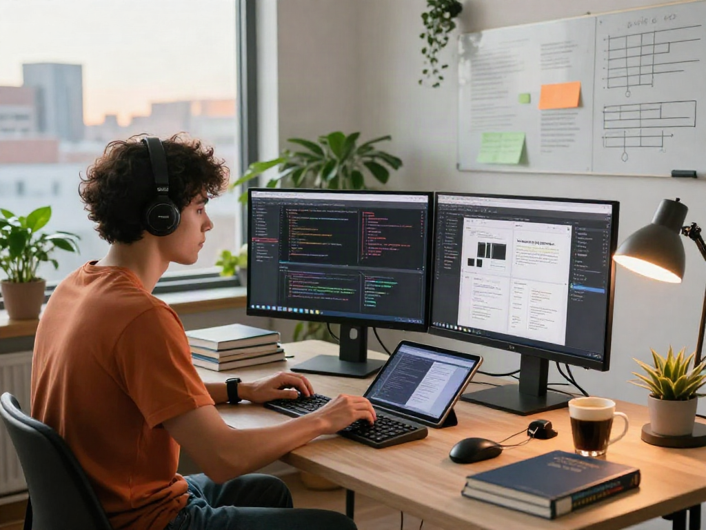 Developer coding on dual monitors in a vibrant workspace, showcasing crushon ai innovation.
